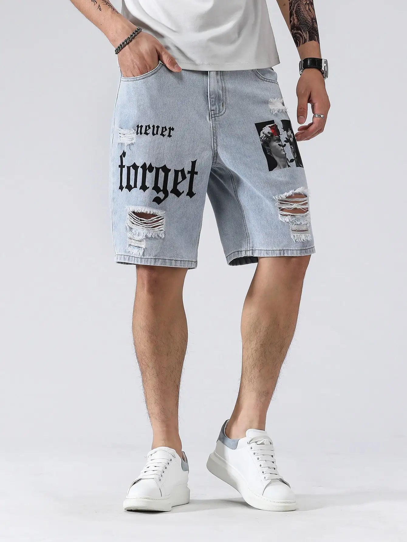 Men Summer Stretchy Denim Shorts Jeans For Men Streetwear Letter Ripped Knee length Baggy Comfort Cargo Casual Shorts Pants Jean ShopOnlyDeal