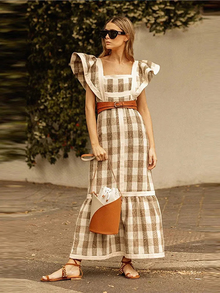 Vintage Square Collar Patchwork Maxi Dress for Women 2024 | High Waist Fly Sleeve Dresses | Elegant Summer Chic Beach Long Dress ShopOnlyDeal