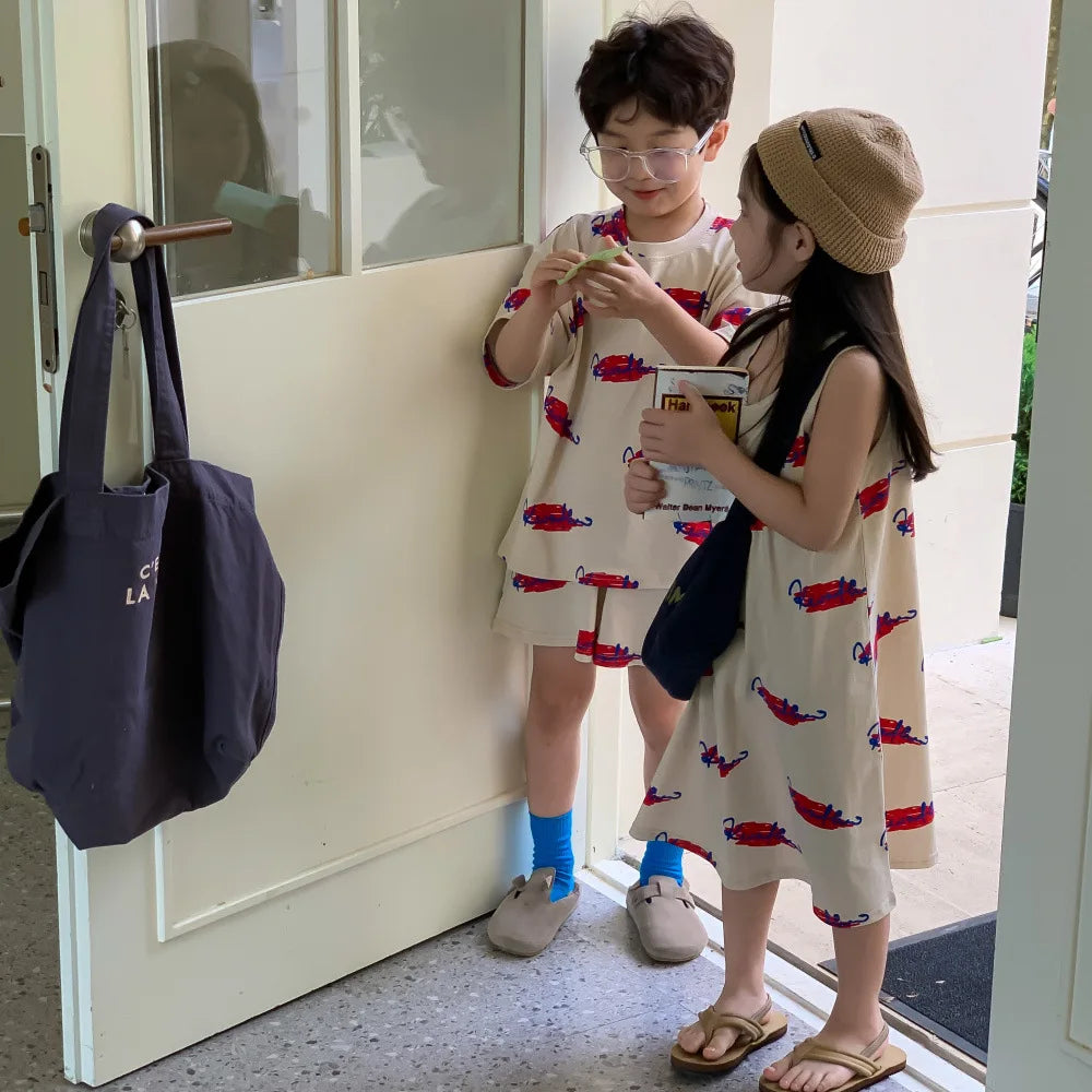 Brother and Sister Clothes 2024 Summer New Korean Alphabet Graffiti Girl's Long T-shirt Dress Or Boy's Two Piece Suit ShopOnlyDeal