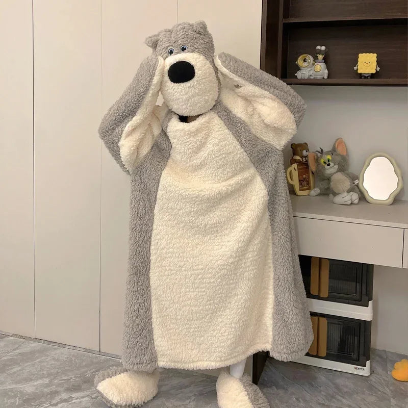 Funny Couple's Pajamas Winter Long Nightgown Robe Women Men Sleepwear Nightwear Cartoon Dog Long Plush Pyjama Soft Warm Homewear ShopOnlyDeal