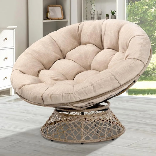 Home Furniture Bme Oversized Wicker Papasan Chair with Soft Thick Density Fabric,360 Degree Swivel,Brown Frame/Beige Cushion ShopOnlyDeal