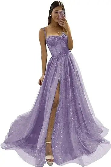 Glitter Tulle Ruffled Prom Dress Long Ball Gown Spaghetti Straps Lace Appliqued 3D Flower Slit Bridesmaid Dresses Cocktail party ShopOnlyDeal