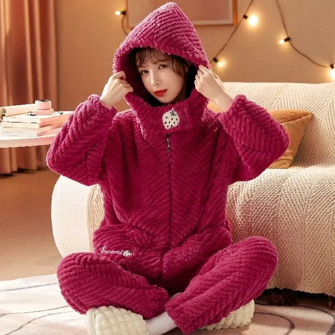 Pajama Lady Autumn/Winter Flannel  Fleece Thick Nightgown Long Lovely Coral Fleece Homewear Set Can Be Worn Outside Comfortable ShopOnlyDeal