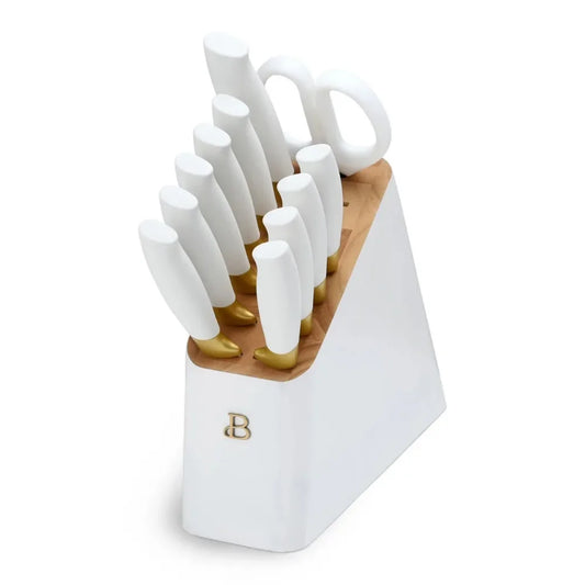 Beautiful 12 Piece Knife Block Set with Soft-Grip Ergonomic Handles White and Gold by Drew Barrymore ShopOnlyDeal