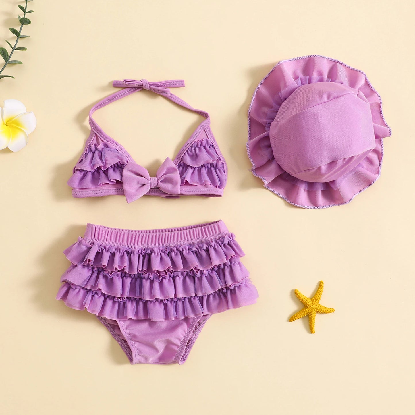 Toddler Baby Girls Summer Swimwear Bikini Set Lovely Babies Halter Neck Tops + Layered Ruffle Shorts + Hat Swimsuit Sets ShopOnlyDeal