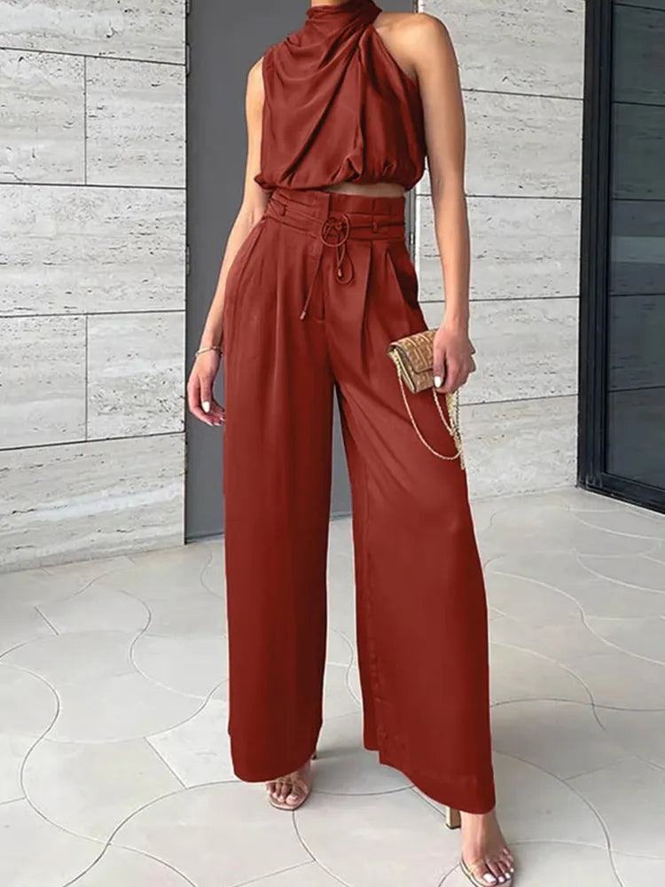 Beige Two Piece Pants Sets Women Outfit Silk Pleated Texture Sleeveless Top Wide Leg Pants Set Summer Matching Sets ShopOnlyDeal