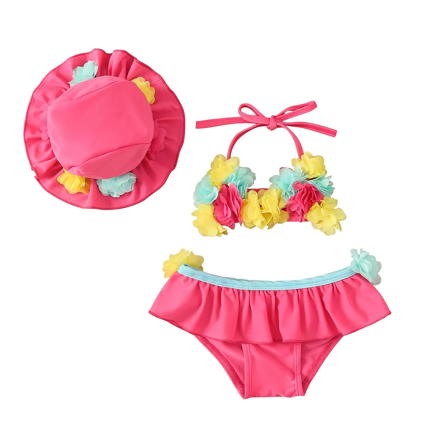 Infant Baby Girls Three-piece Bathing Suit, Flower Halter Neck Swimming Tops, Bottoms and Sun Protection Cap ShopOnlyDeal