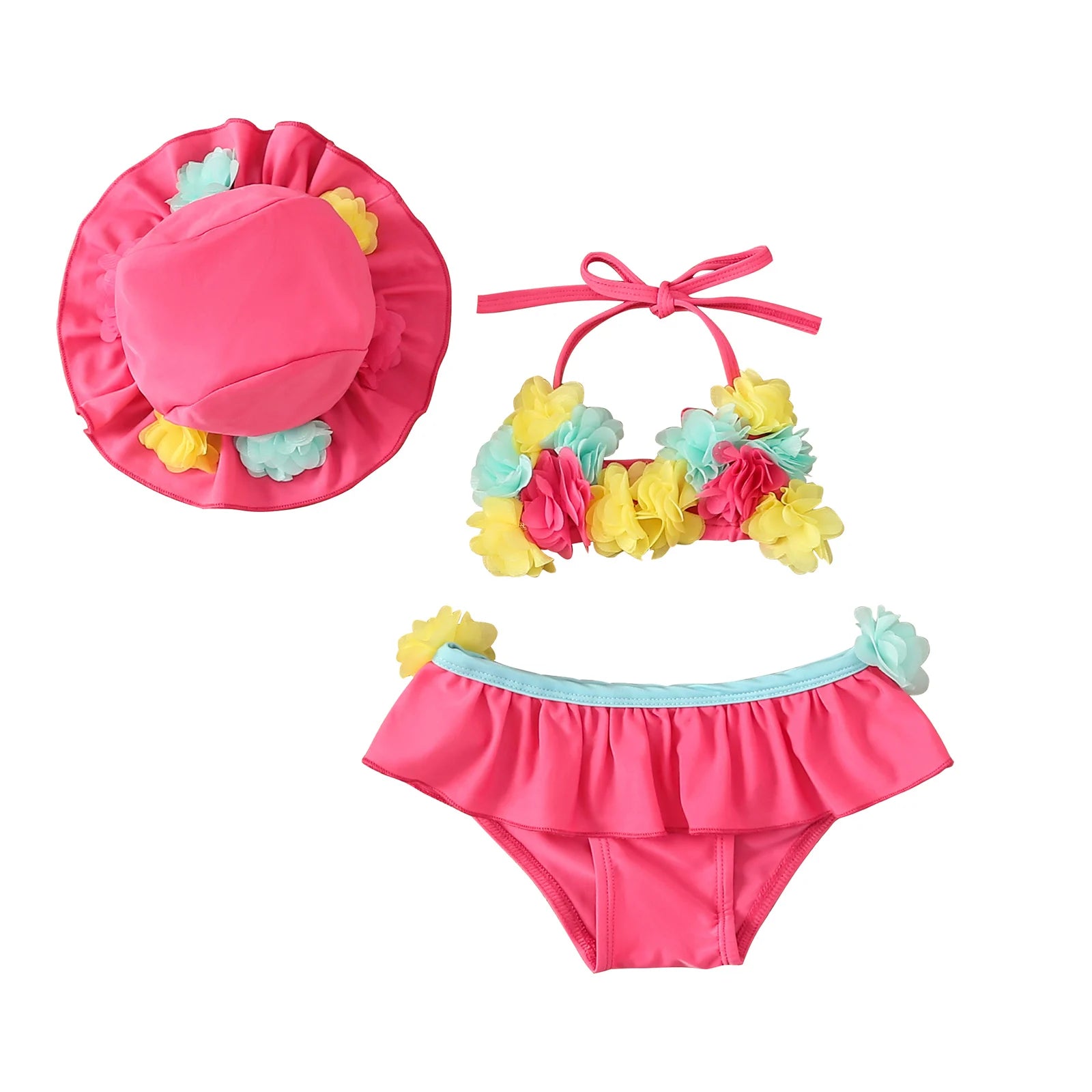 Infant Baby Girls Three-piece Bathing Suit, Flower Halter Neck Swimming Tops, Bottoms and Sun Protection Cap ShopOnlyDeal