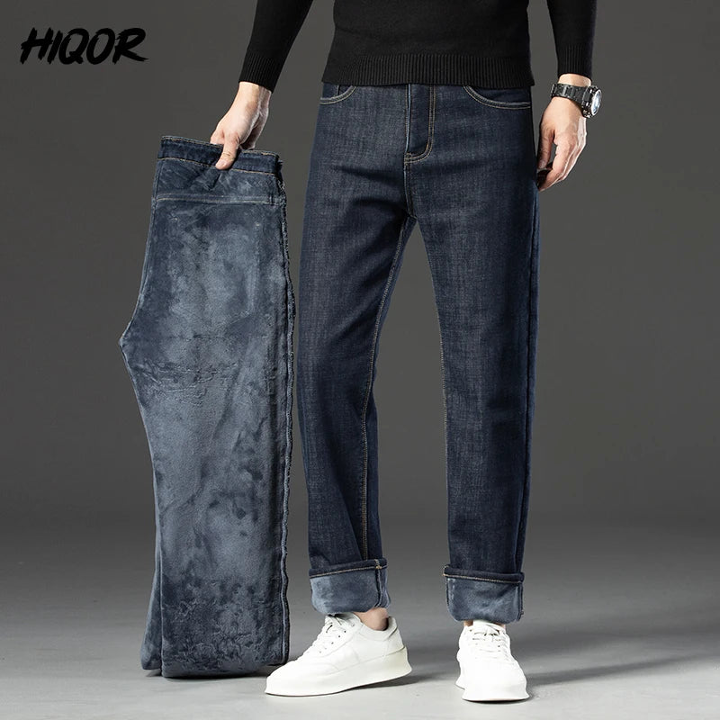 HIQOR Winter Fleece Thick Jeans Men Business Casual Straight Trousers Male Classic Blue Black Jeans For Men Work Denim Man Pants ShopOnlyDeal