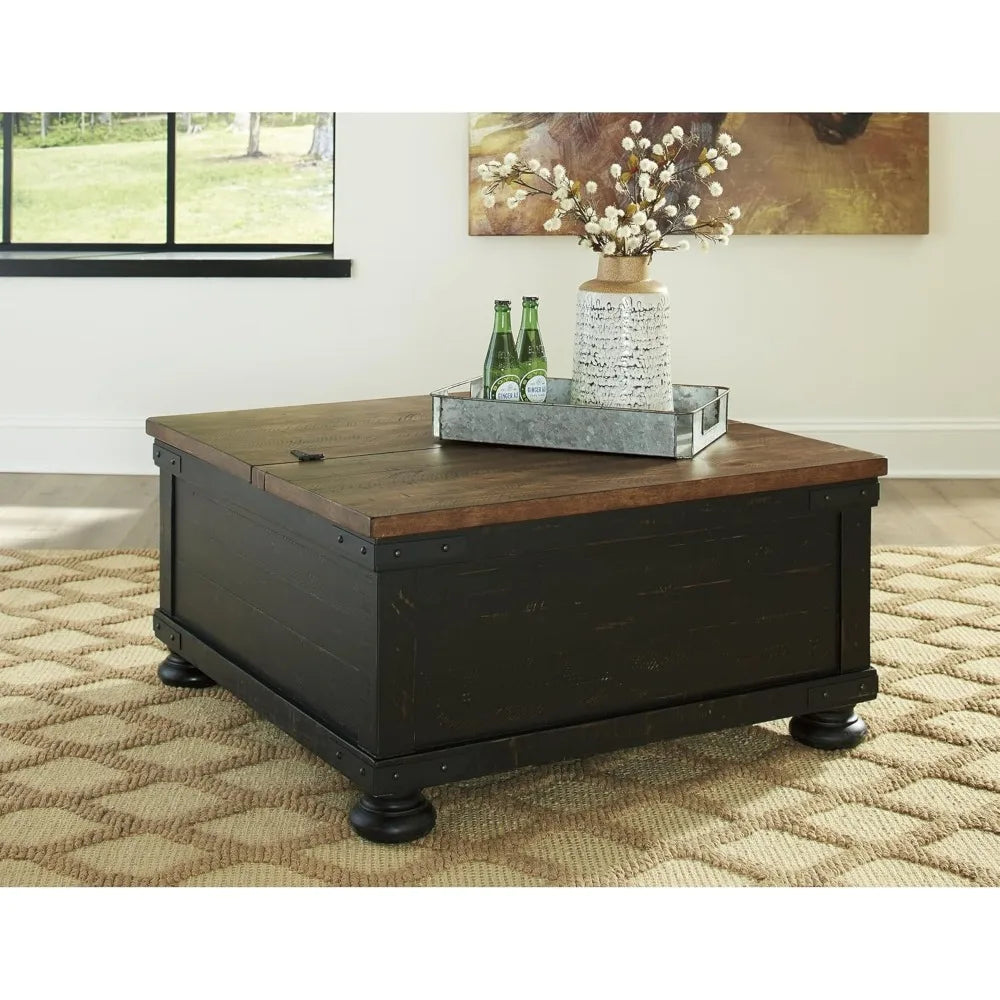 Valebeck Farmhouse Lift Top Coffee Table with Storage, Distressed Brown & Black Finish coffe tables  living room furniture ShopOnlyDeal