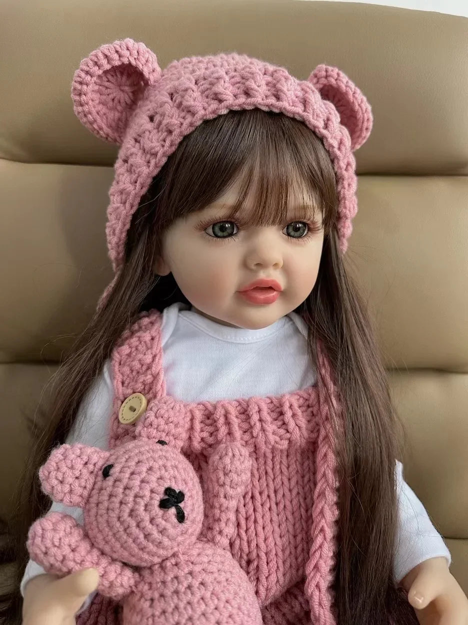 BZDOLL 55cm 22inch Lifelike Reborn Baby Girl Doll Soft Silicone Long Brown Hair Realistic Princess Toddler Bebe Birthday Gift ShopOnlyDeal