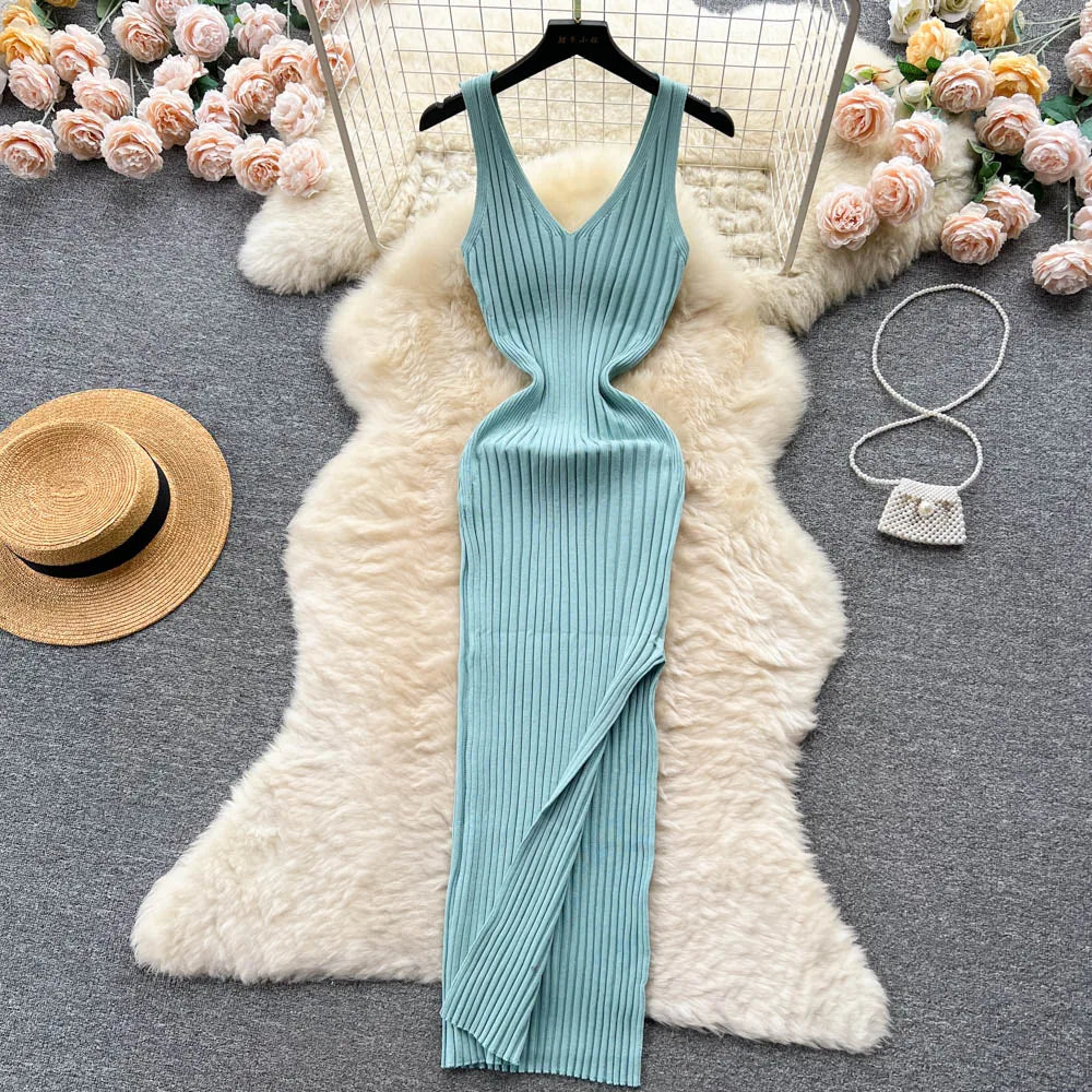 Chic Fashion Sexy Wrap Hips Split Knitted Autumn Dress Women Slim Elastic Bodycon Long Dress Streetwear Outfits Vestido ShopOnlyDeal