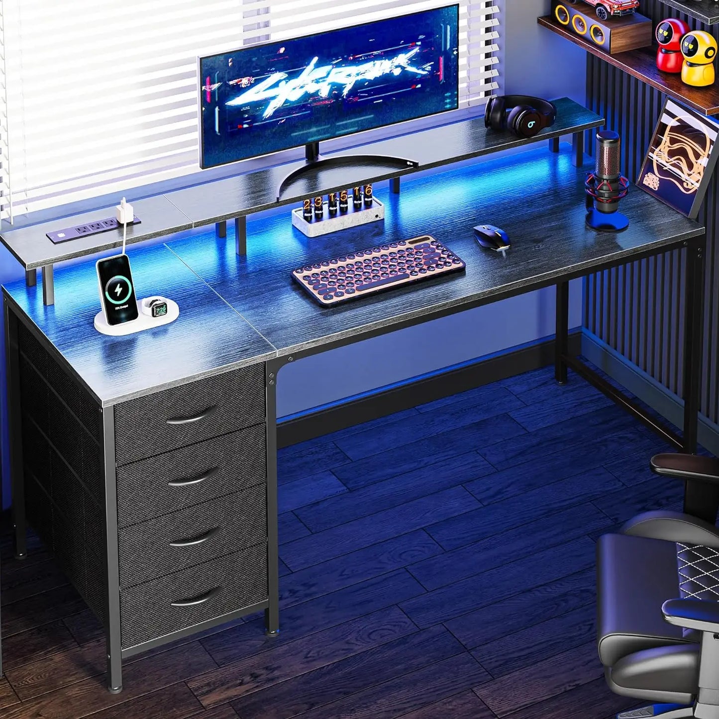 63 Inch and 55 Inch Computer Desk with Power Outlets and LED Lights, Gaming Desk with 4 Drawers, Office Desk with Monitor Stand ShopOnlyDeal