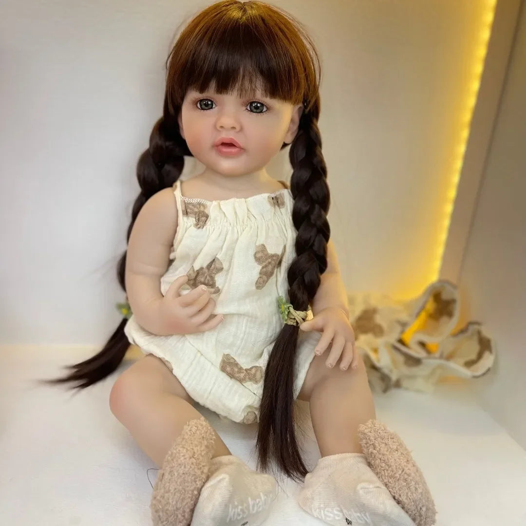 BZDOLL 55cm 22inch Lifelike Reborn Baby Girl Doll Soft Silicone Long Brown Hair Realistic Princess Toddler Bebe Birthday Gift ShopOnlyDeal