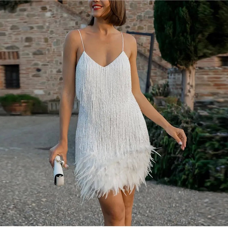 New Sexy Tassel Sequins Feather Mini Dress Women Spaghetti Strap Stitching Dresses Female Elegant Evening Party Club Dress ShopOnlyDeal