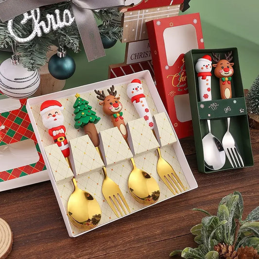 Family Stainless Steel Christmas Cutlery Set - Adorable Cartoon Santa & Snowman Design spoon  fork spoon set ShopOnlyDeal