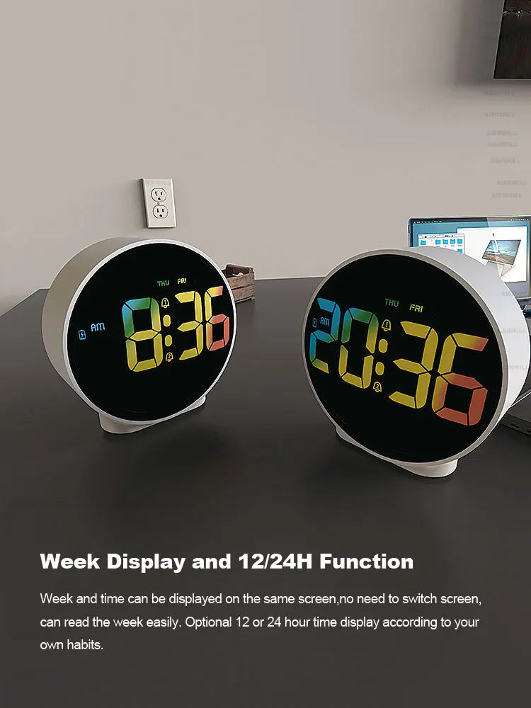 Round Alarm Clock with Snooze | Calendar 12/24H Week Digital LED | Table Clock for Bedrooms, Bedside, Desk, Shelf ShopOnlyDeal