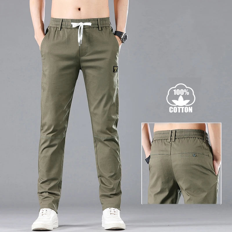 Brand Straight Pants Men Cotton Casual Business Fashion Stretch Comfortable Black Gray ArmyGreen  Blue Trousers Male ShopOnlyDeal