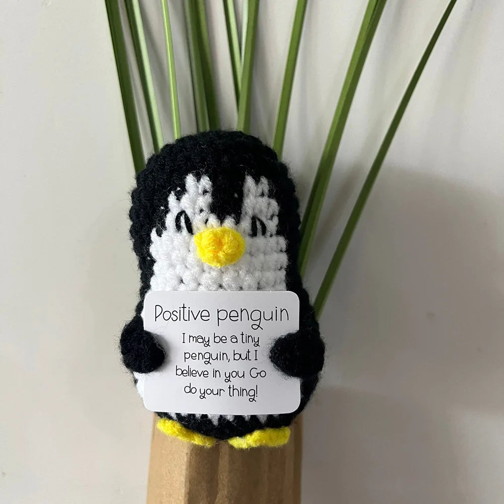 Positive Energy Penguin Hug Pocket Mini Handmade Plush Wool Knitting Doll With Card Funny Christams Gift Home Room Decoration ShopOnlyDeal