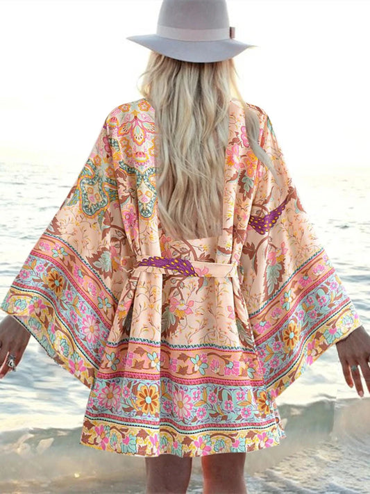 Vintage Peacock Floral Print Sashes Bohemian Kimono | Women V-Neck Batwing Sleeves Short Robe | Boho Bikini Cover-Ups ShopOnlyDeal