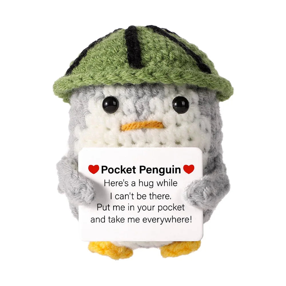 Positive Energy Penguin Hug Pocket Mini Handmade Plush Wool Knitting Doll With Card Funny Christams Gift Home Room Decoration ShopOnlyDeal