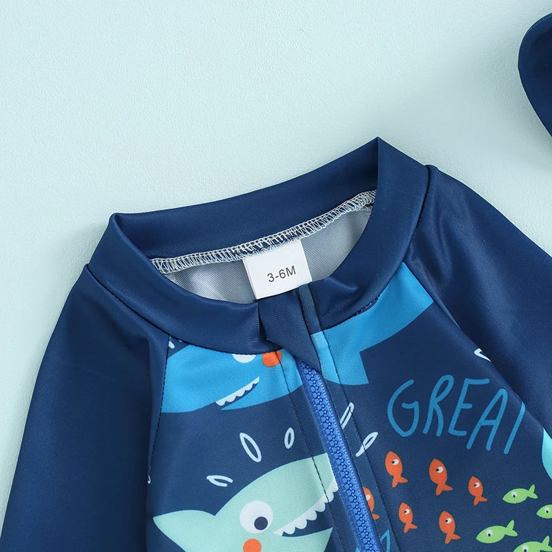 Toddler Baby Boys Summer Swimsuit Set Fish Print Long Sleeve Tops Elastic Waist Swim Trunks Hat Kids 3Pcs Bathing Suit ShopOnlyDeal