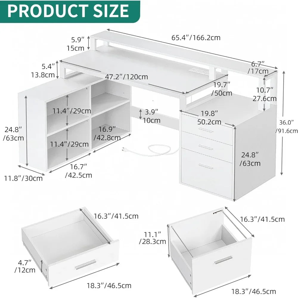 L Shaped Desk with 3 Drawers, 65" Corner Computer Desk with Power Outlets & LED Lights, L-Shaped Desk with File Cabinet ShopOnlyDeal