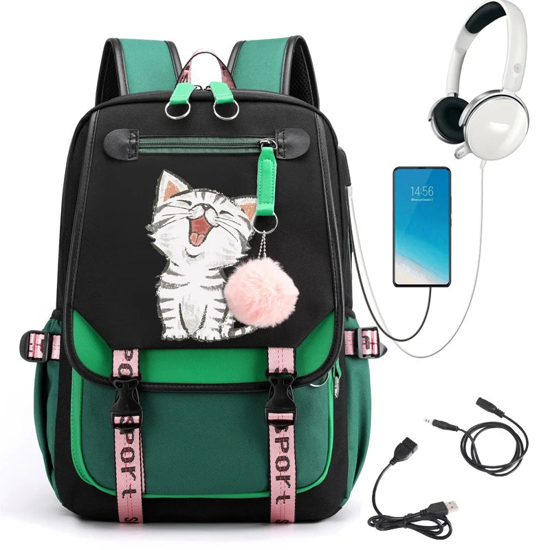 Travel Backpack Kawaii Cat Print | Schoolbag with USB Charging | Large Capacity Laptop Waterproof Bookbag | Fashion Backpack Bags ShopOnlyDeal