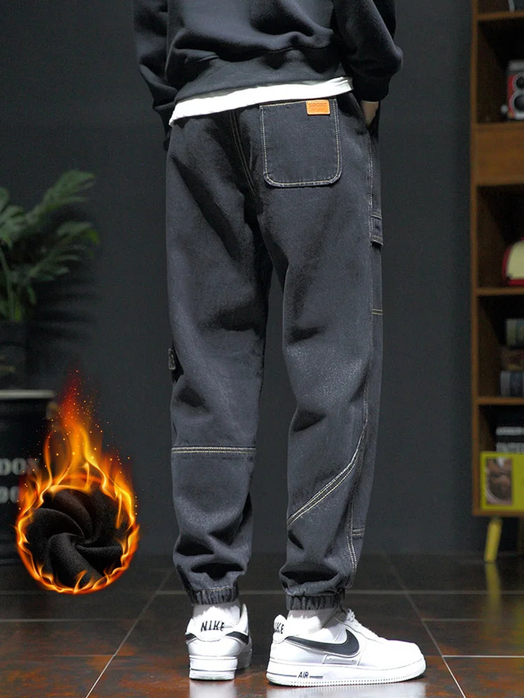 Winter Thick Warm Jeans Men Fleece Liner Drawstring Black Joggers Denim Cargo Pants Male Cotton Casual Thermal Trousers 8XL ShopOnlyDeal