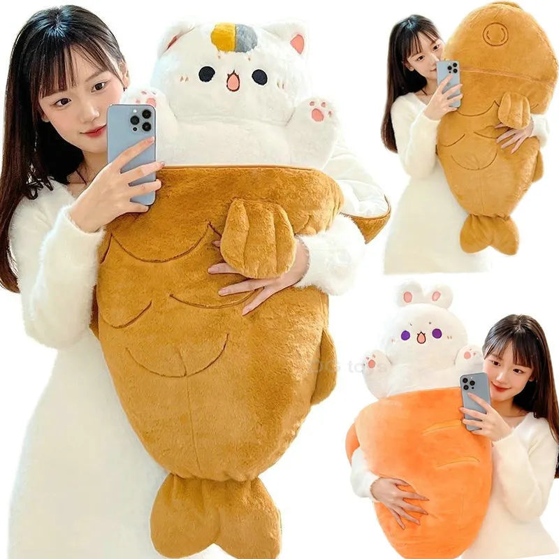 80X45cm Kawaii Taiyaki Cat Plush Toy Rabbit Hiding in  Carrot Dog in Big Bones Ferry Animals Plushie Throw Pillow For Kids Girl ShopOnlyDeal