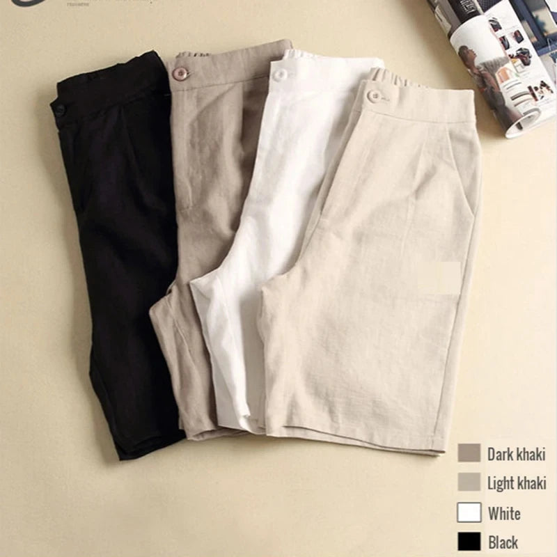 Casual Linen Cotton Elastic High Waist Wide Leg Button Loose Women's Shorts | Korean Fashion Summer Shorts Women 2024 ShopOnlyDeal