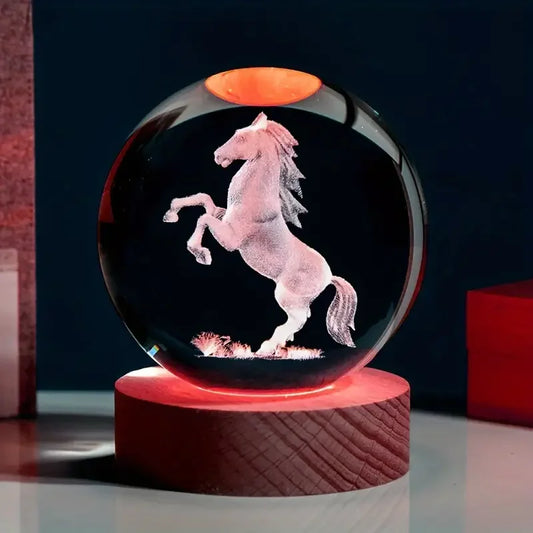 1 PC 3D laser carved horse crystal, equipped with wooden colored lamp holder, home decoration, crystal glass ball night light ShopOnlyDeal