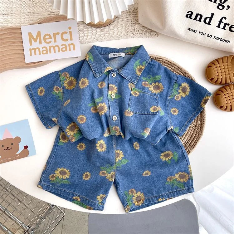 Siblings Set 2024 | Sunflower-Themed Korean Fashion | Girls Shirt + Shorts & Boys Two-Piece Suit for 2-7Y ShopOnlyDeal