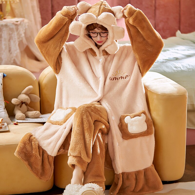 Kawaii Pajamas Women Warm Sweet Hooded Nightgown Winter Flannel Kawaii Home Clothes Female Cute Soft Chic Robes 2XL ShopOnlyDeal