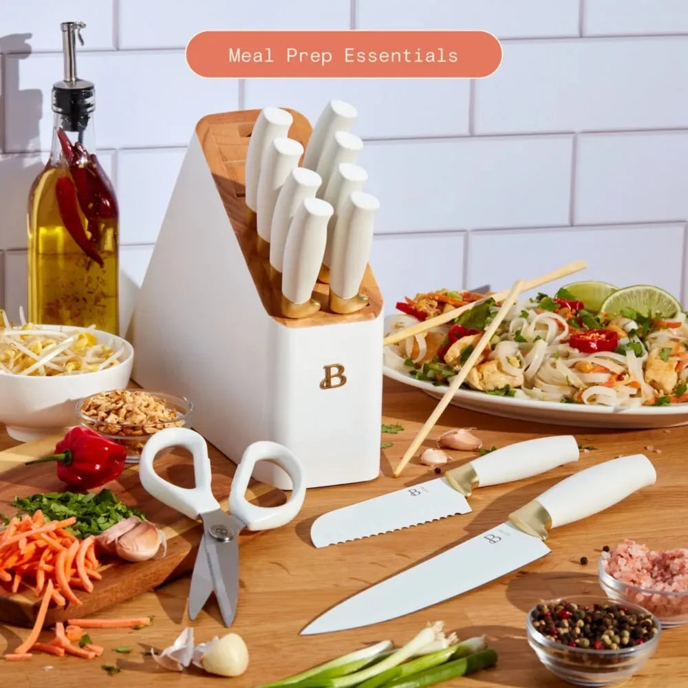 Beautiful 12 Piece Knife Block Set with Soft-Grip Ergonomic Handles White and Gold by Drew Barrymore ShopOnlyDeal