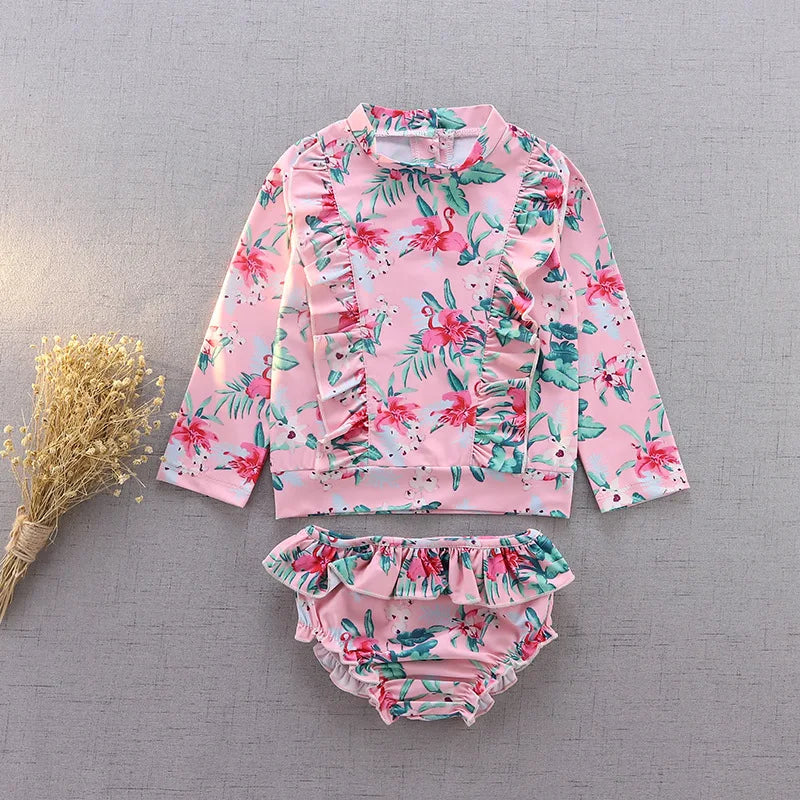 Girl Two Pieces Suit 2-11 Year Children Long Sleeve Skirt Swimsuit 2022 Kid Cute Flower Print Swimwear Baby Bathing Suit ShopOnlyDeal