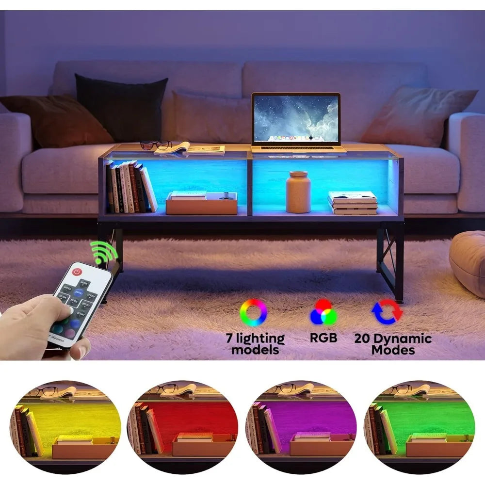 LED Coffee Table for Living Room, Rectangular Wood Center Table with Glass Top Game Night, 42 Inch Modern Farmhouse Coff ShopOnlyDeal