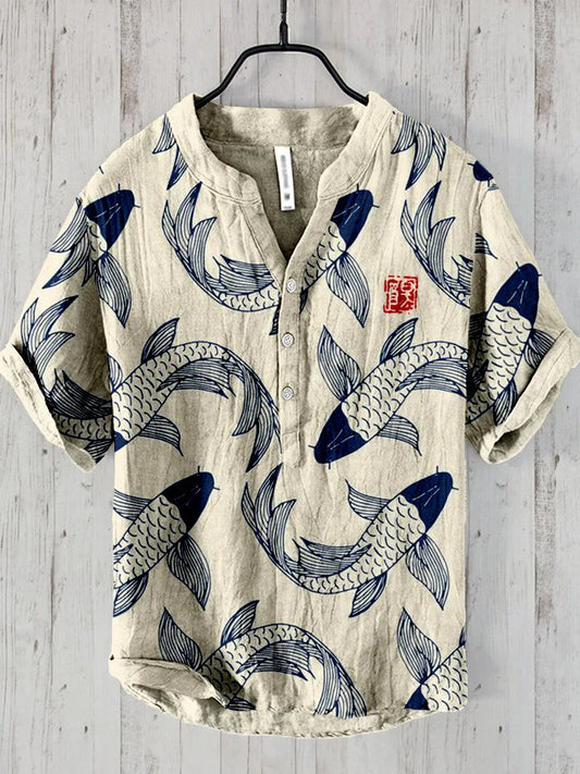 Japanese Pattern Spring and summer men's and women's shirts independent station casual fish pattern Hawaiian style printed shirts men's tops ShopOnlyDeal