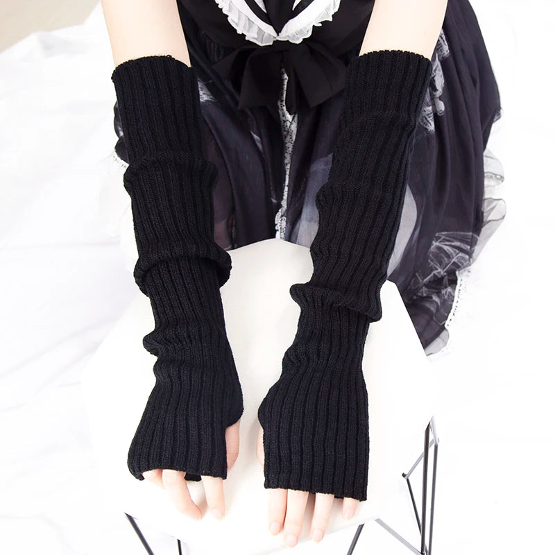 Women Long Fingerless Gloves Soft Female Glove Lolita Kawaii Mitten Winter Warmer Knitted Arm Sleeve Girls Punk Gothic Gloves ShopOnlyDeal