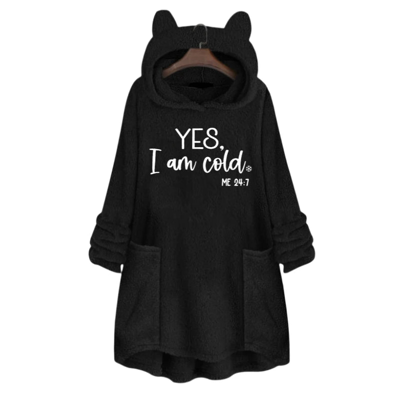 Autumn and Winter Plush Letter Cartoon Print Hooded Pullover Cat Ear Hat with Flap Pocket Pantss on Both Sides Loose Casual Sweatshirt Hoodie ShopOnlyDeal