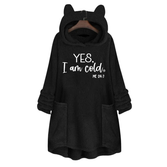 Autumn and Winter Plush Letter Cartoon Print Hooded Pullover Cat Ear Hat with Flap Pocket Pantss on Both Sides Loose Casual Sweatshirt Hoodie ShopOnlyDeal