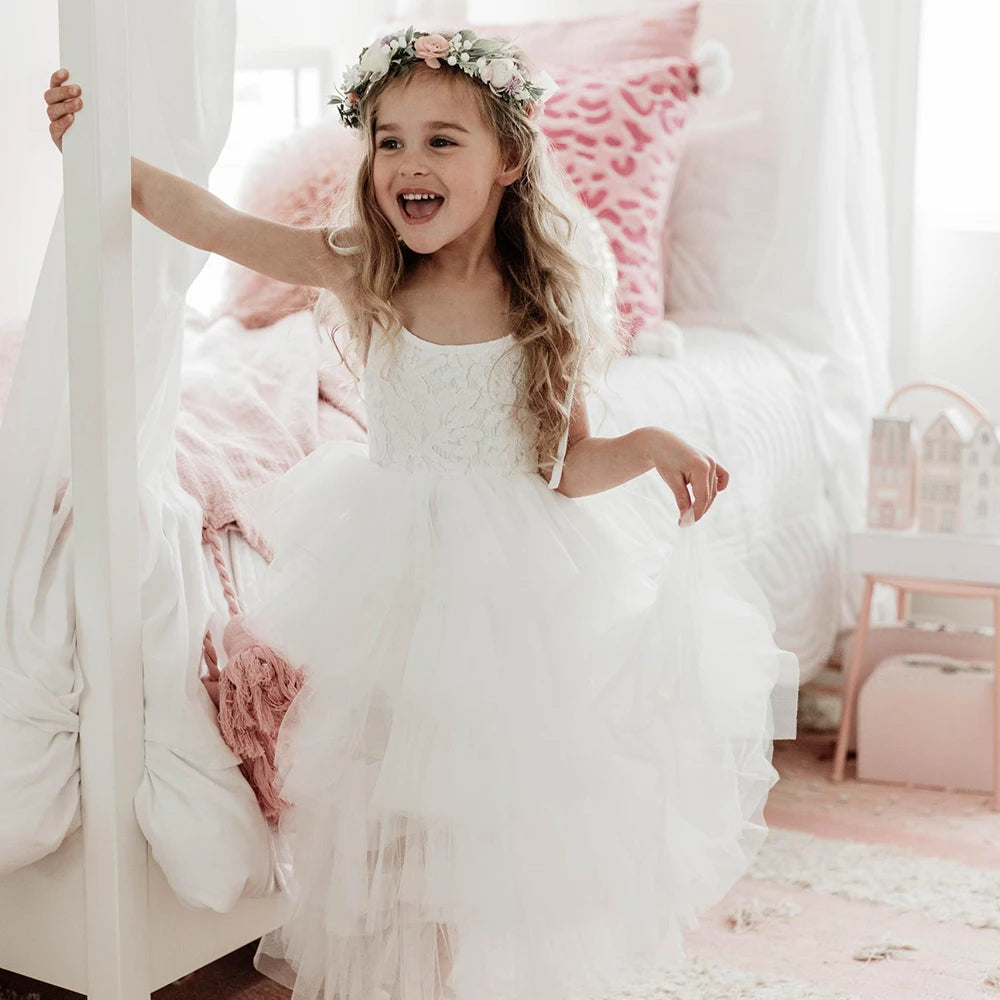 White Princess Dress | 2024 Sling Lace & Tulle Gown for Flower Girls | Birthday Party Layered Dress for 3-8 Years ShopOnlyDeal