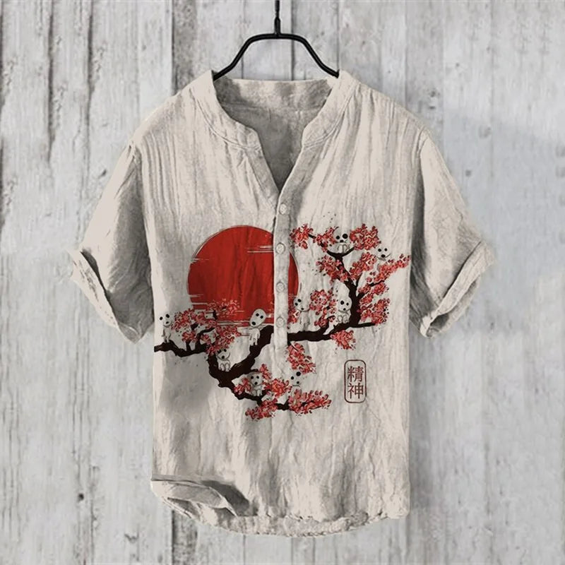 Japanese Art Popular European and American Wave Short-Sleeved Men's Shirts | Stand-Up Collar Shirts | Hawaiian Shirts | Men's Vacation Shirts ShopOnlyDeal