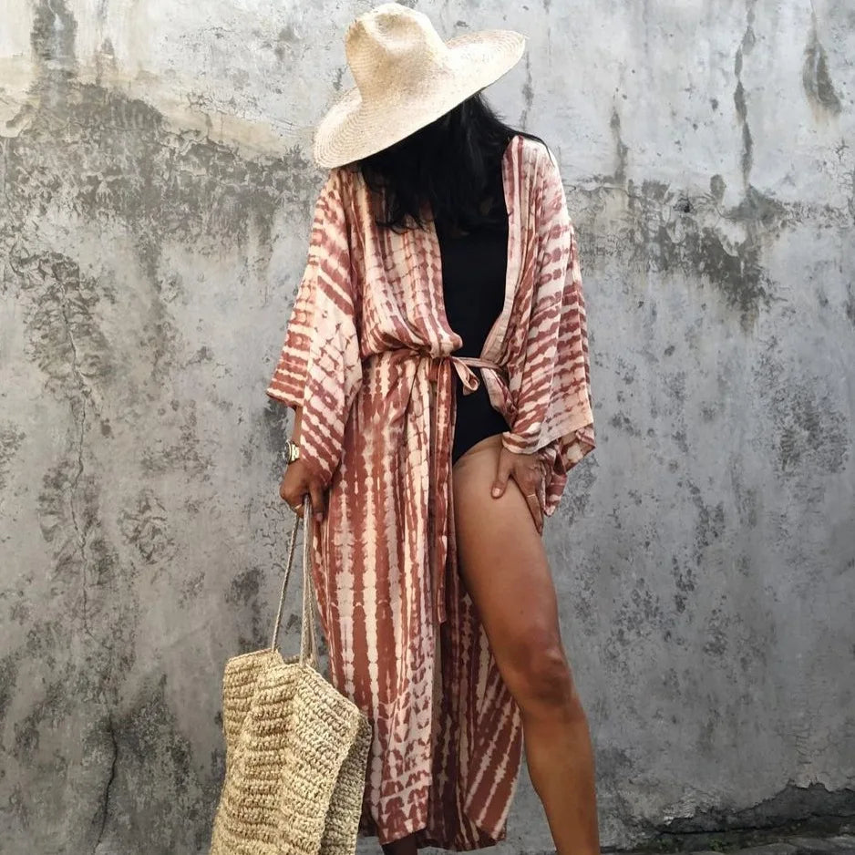 Women's Boho Stripe Tie Dye Swimsuit Cover Up with Belt | Tunic Sarong Cardigan Dress | Bikini Cover-Ups | Beach Wear Kimono ShopOnlyDeal