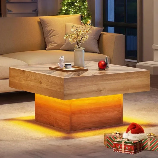 Farmhouse coffee table Living room square coffee table Wooden LED with storage Table with 2 drawers, brown ShopOnlyDeal