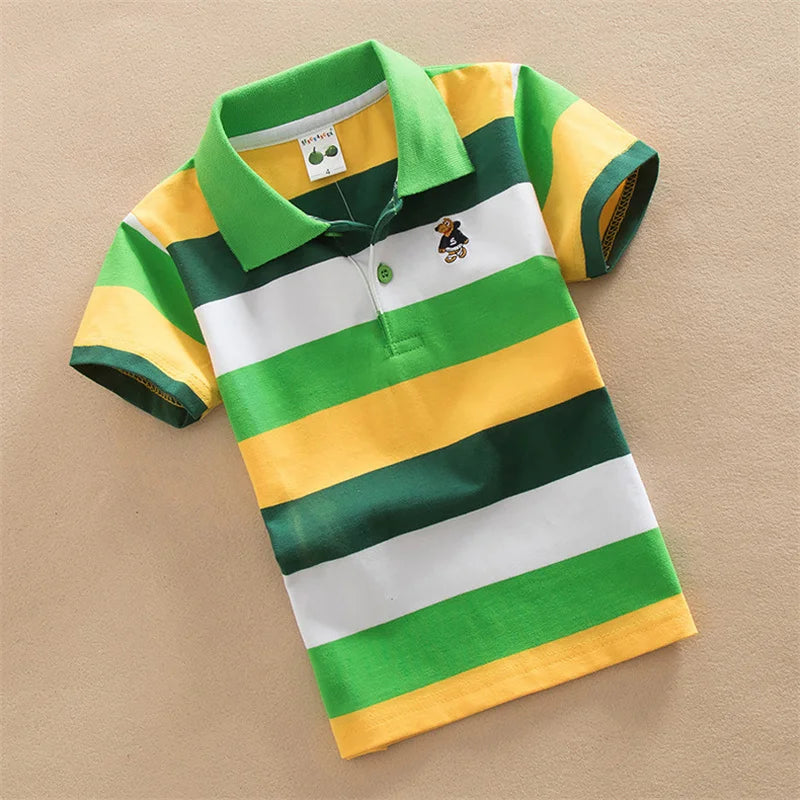 Summer Tee for Boys | Striped Short Sleeve Polo with Cartoon Bear Embroidery | Breathable Kids' Top for Children & Teens ShopOnlyDeal