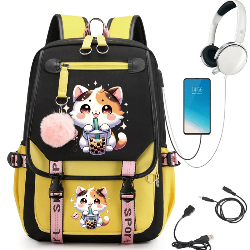 College Students Backpack Girl Travel School Backpack Fashion Leisure Bagpack Boba Anime Cat Laptop School Bags Usb Bookbags ShopOnlyDeal