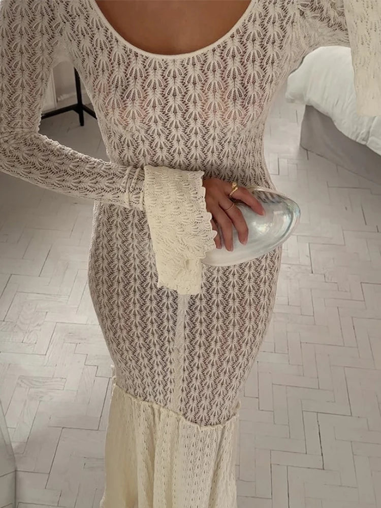 Transparent Knitted Women Dresses | See-Through Patchwork Lady Dresses | 2024 Fashion Beach Slim Long Sleeve Hip Package Female Robe ShopOnlyDeal