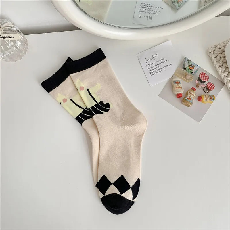 New Cotton Socks for Autumn Winter | Cute Kawaii Harajuku Street Cartoon Cat Mid-Tube Socks | Breathable Sweat Absorption Sports Student Socks ShopOnlyDeal