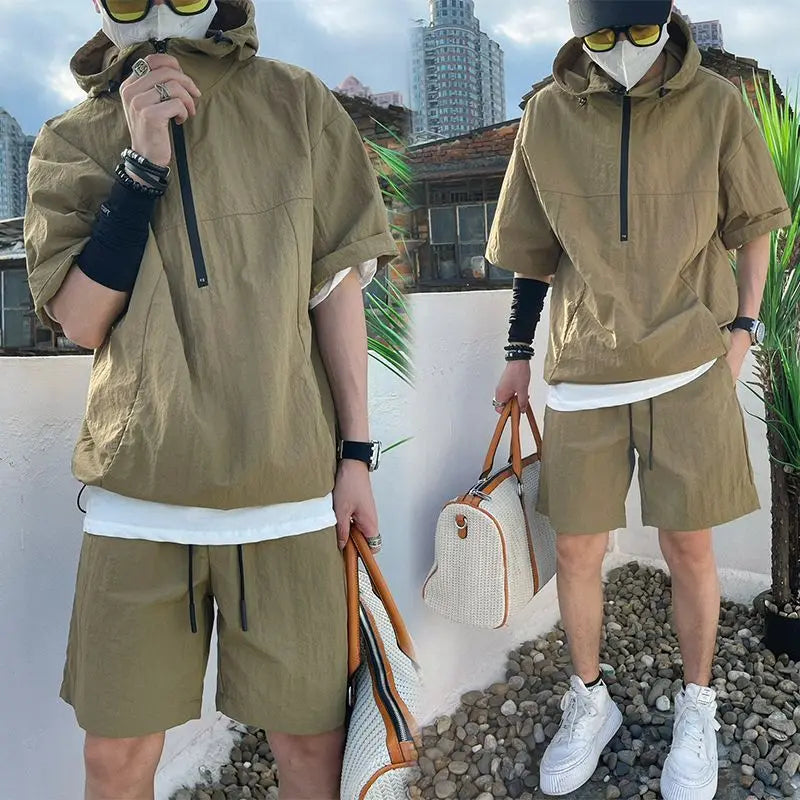 Summer Cargo Style Set | Men's Casual Hooded Solid Short Sleeve T-shirt | Shorts Loose Fashion | High-Quality Handsome Sweatshirt Suit ShopOnlyDeal